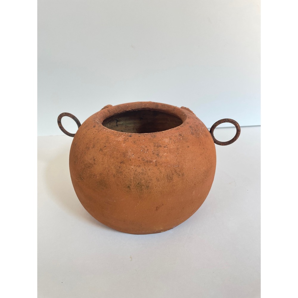 Vintage Terracotta Face Planter Rustic Clay Pot with Metal Ring Handles 6in - Picture 2 of 4